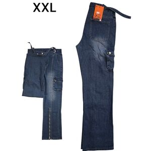 Women's XXL Dark Wash Denim Cargo Jeans with Side Zip